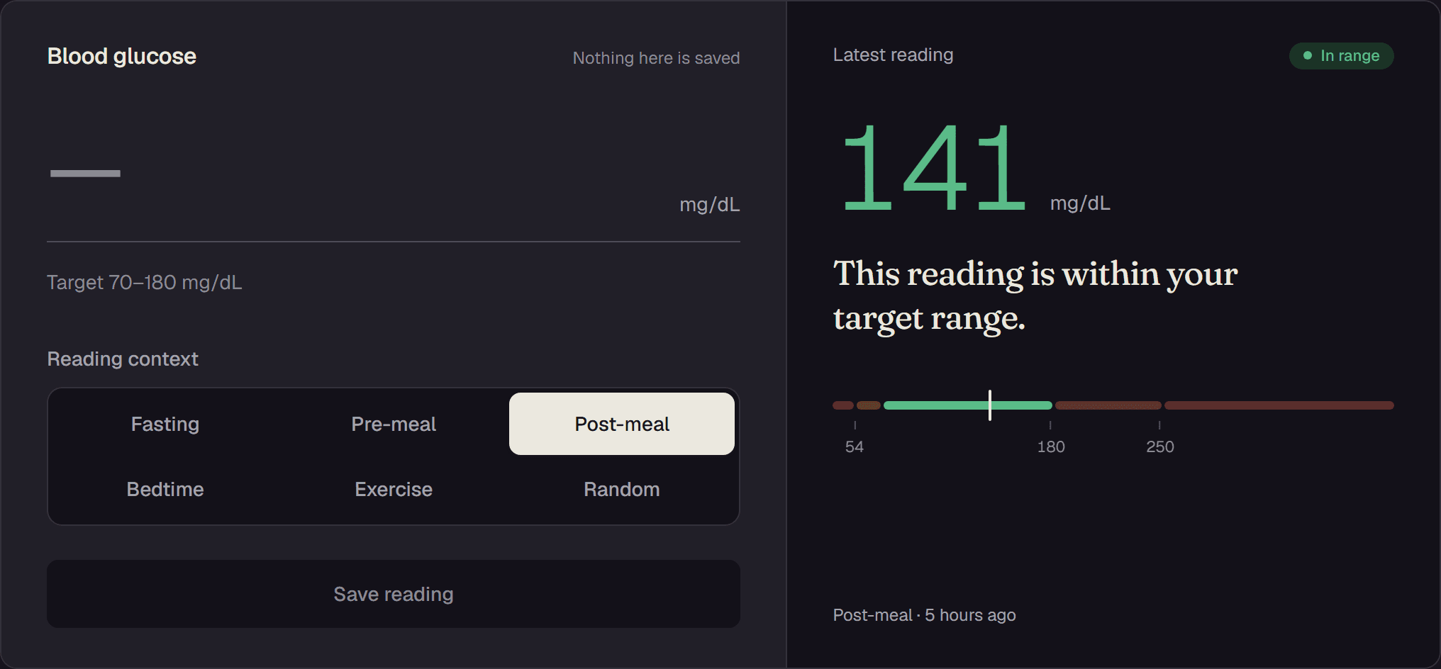 The SteadyRange daily check-in: a blood glucose entry form with reading context, beside the latest reading of 141 mg/dL marked in range on a target-range bar.