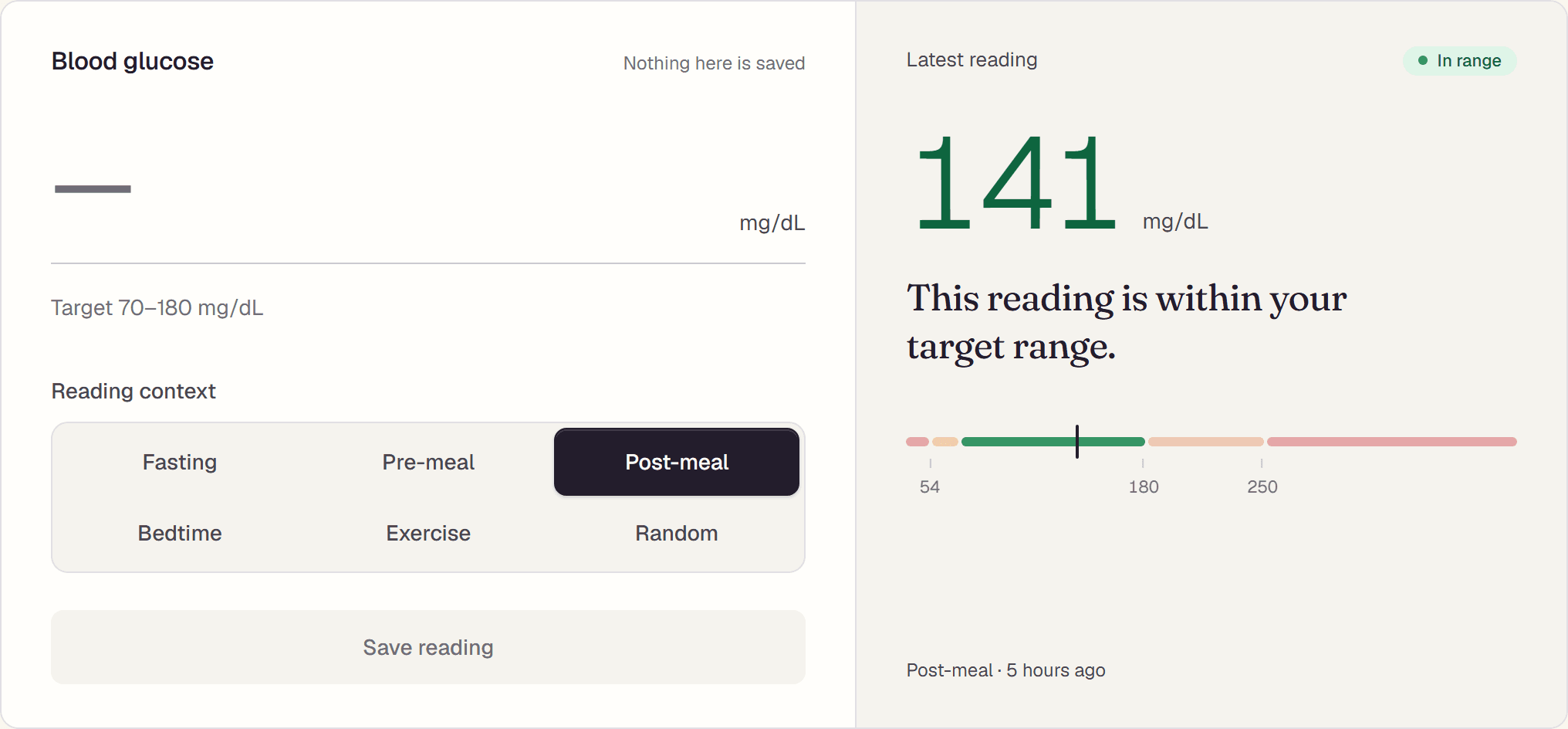 The SteadyRange daily check-in: a blood glucose entry form with reading context, beside the latest reading of 141 mg/dL marked in range on a target-range bar.
